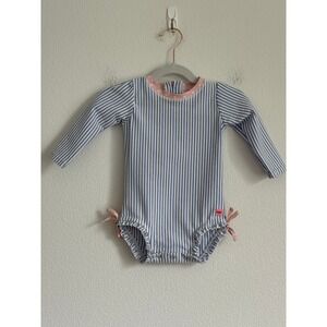 RuffleButts Rash Guard Swimsuit 12-18m Blue Seersucker Stripe Ruffle Sun Suit